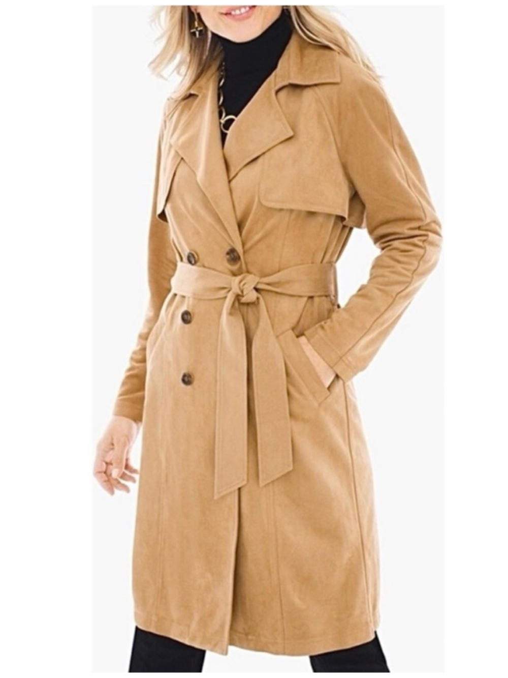 Chicos Chic Trench Coat Faux Suede Tan Camel Size 16 XL Capsule Double Breasted